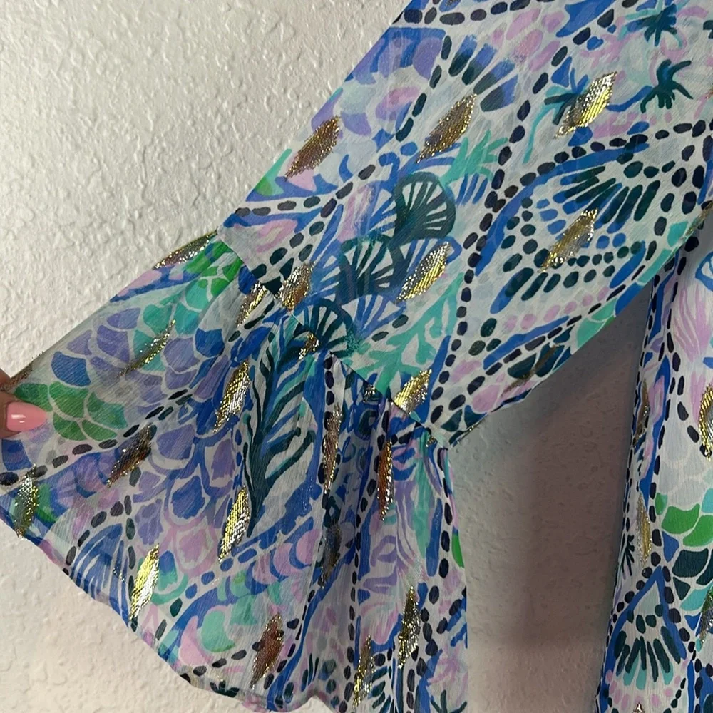 Perfect LILLY PULITZER ELENORA SILK BLOUSE TAILS OF THE SEA METALLICS Small - Picture 6 of 9